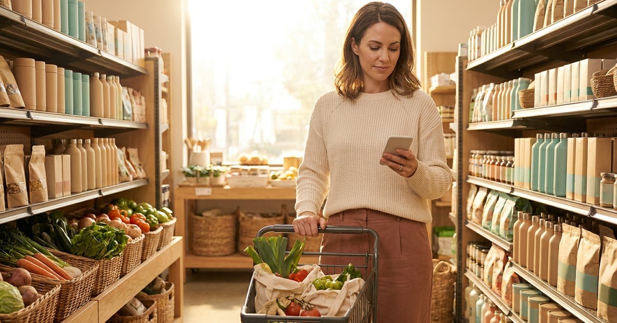 a woman comparing grocery prices on her phone while pushing a cart, warm afternoon light, calm and focused