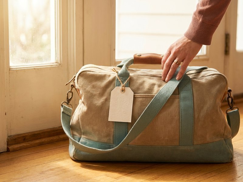 a small canvas travel bag by a front door with a paper luggage tag, morning light, ready to go