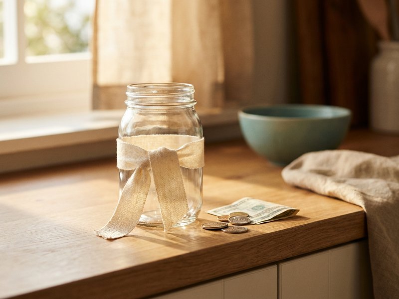 a glass savings jar labeled for a trip fund sitting on a kitchen counter with a few coins beside it, soft daylight