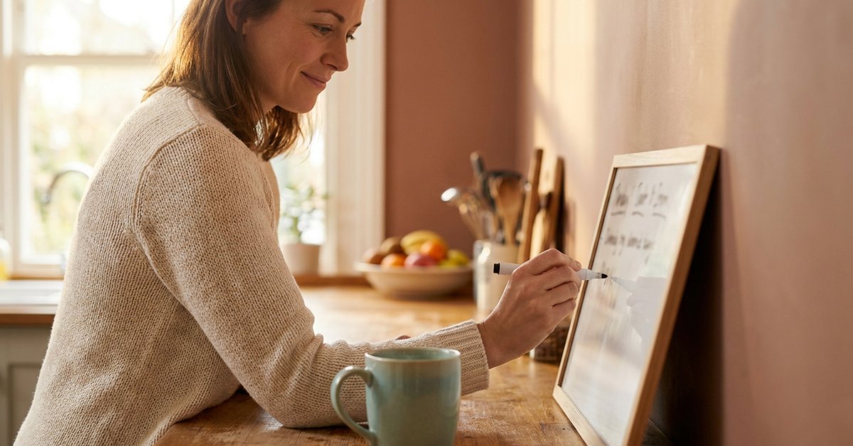 a woman writing a travel fund savings goal on a small whiteboard in her kitchen, warm morning light, focused and hopeful
