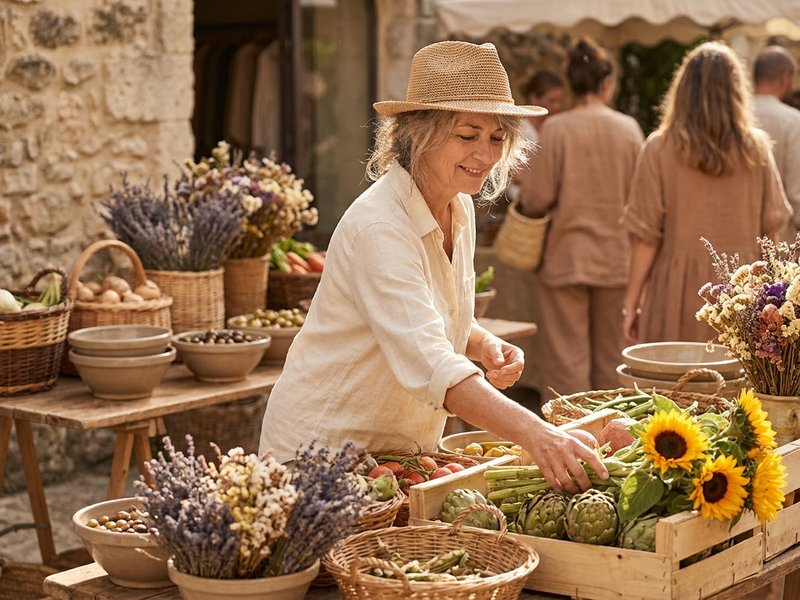 a woman in her 50s browsing an outdoor market stall in a small Provençal town, golden morning light, unhurried