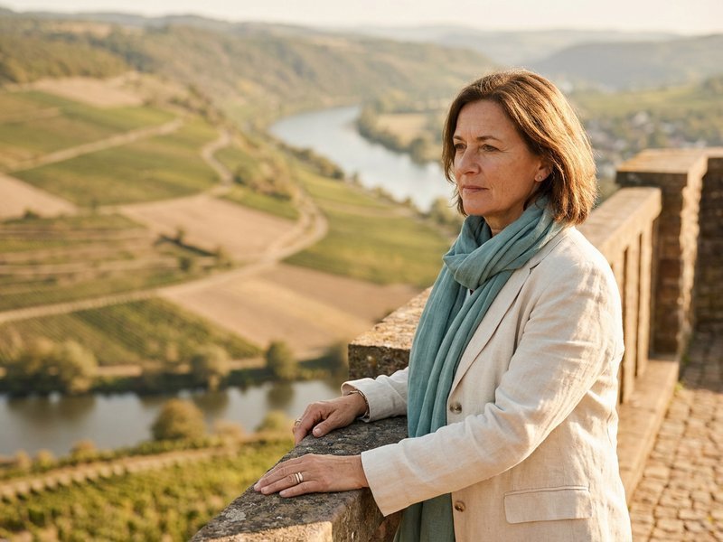 a woman in her 50s standing on a small vineyard-lined river valley overlook, soft daylight, calm expression