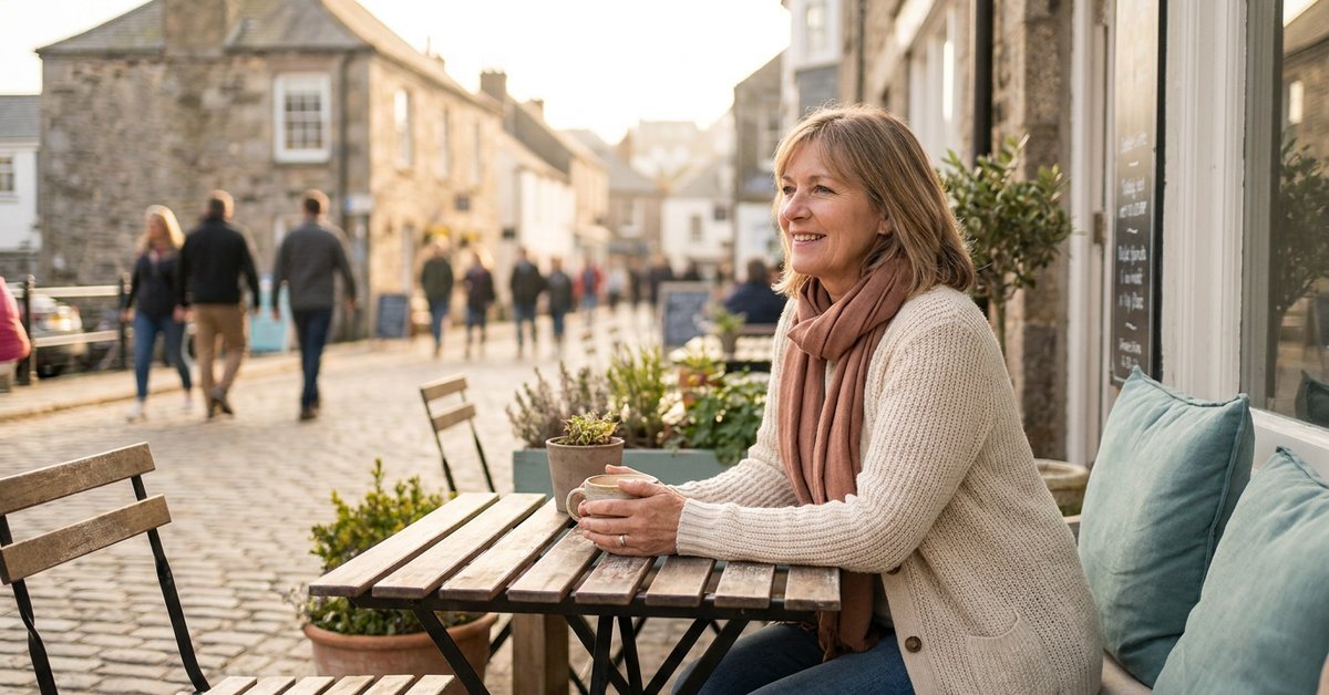 a woman in her 50s sitting alone at an outdoor cafe table in a European coastal town, warm afternoon light, relaxed and content
