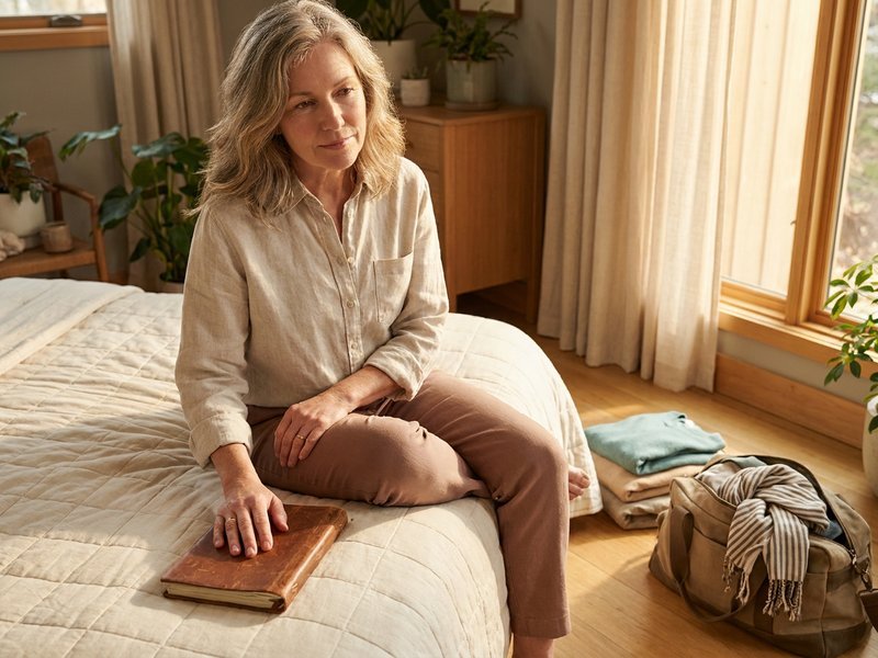 A woman sitting on a bed with a closed leather notebook beside a packed travel bag, reviewing her trip budget