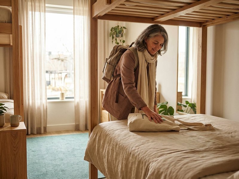 A woman in her sixties with a backpack settling into a bunk bed in a shared hostel dorm room
