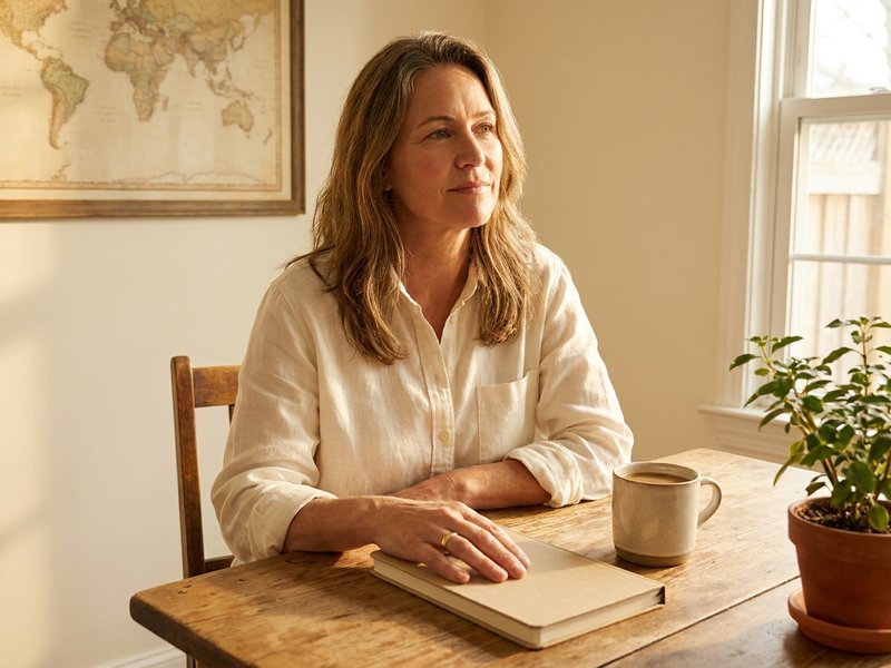 A woman at a table beside a framed world map, one hand on a closed notebook, planning an open-ended solo trip