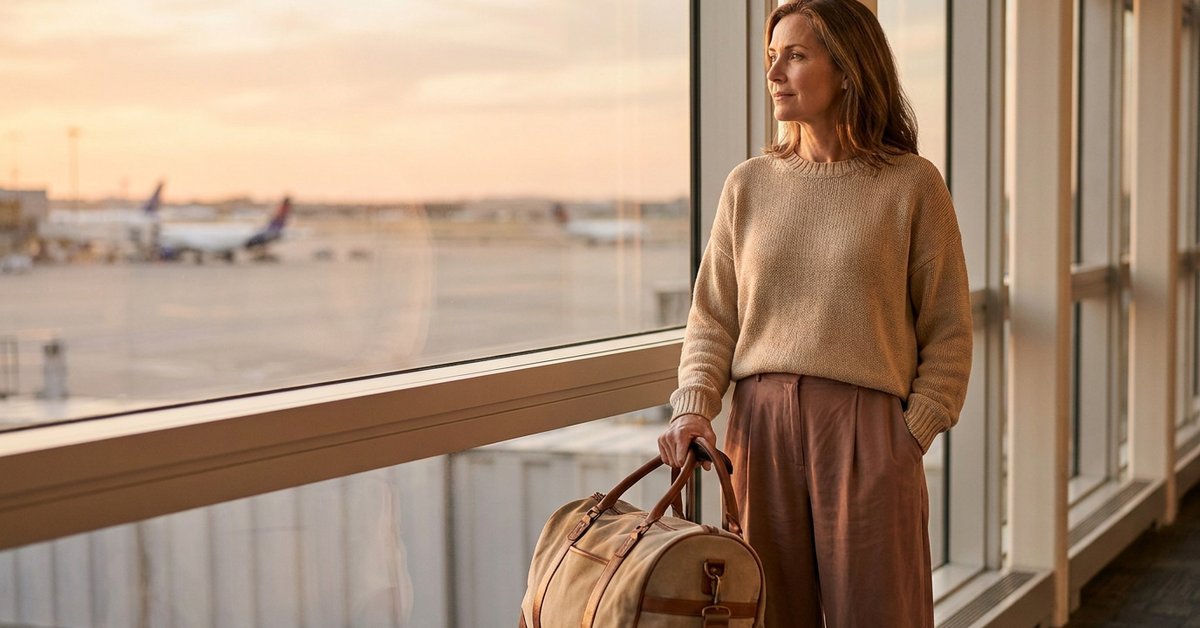A woman standing at an airport window at sunset with a leather duffel bag, ready for a solo travel reinvention