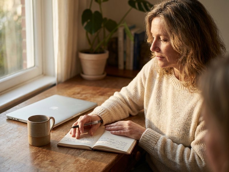 a woman in her 50s writing a simple spending plan in a notebook next to a laptop, sunlit home office, calm and organized