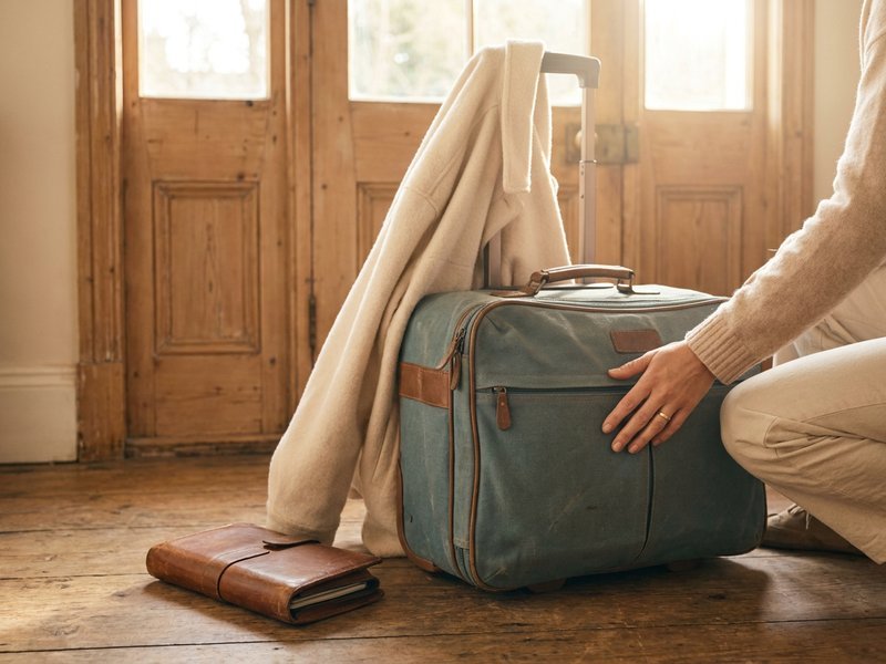 a packed carry-on suitcase and a travel wallet resting by a front door, morning light, ready to leave