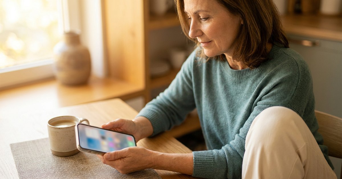 a woman in her 50s reviewing a travel rewards card statement at her kitchen table, warm morning light, calm and focused expression