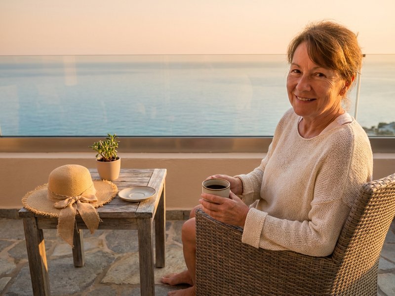 a woman in her 60s with a cup of coffee on a quiet hotel terrace overlooking the sea, sun hat on the table beside her