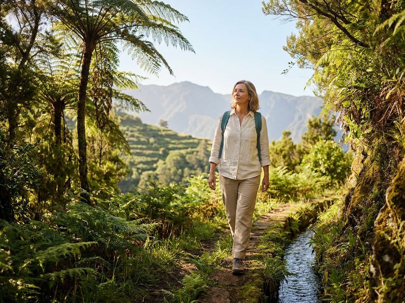 a woman in her 50s walking a narrow green levada trail beside a small water channel on a sunny Madeira hillside