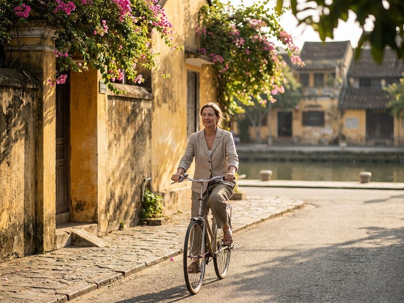 a woman in her 50s riding a bicycle along a quiet riverside street of old yellow houses in warm afternoon light